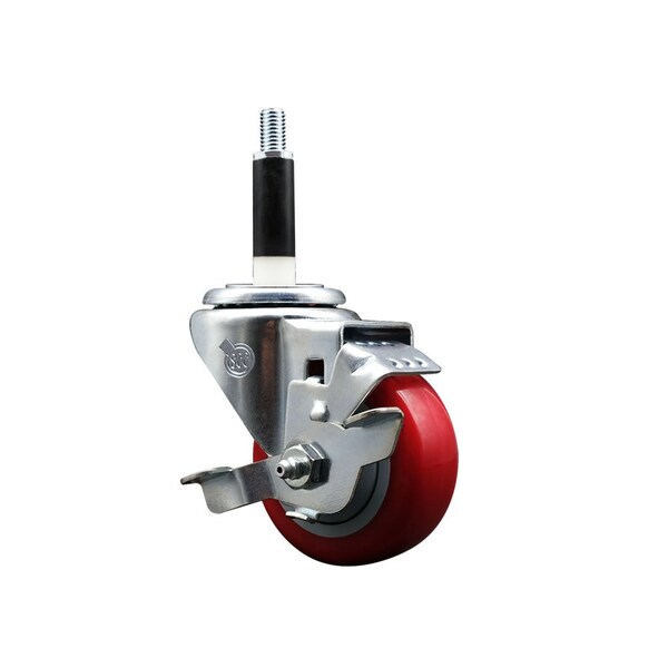 Service Caster 3'' SS Red Poly Swivel 7/8'' Expanding Stem Caster with Brake SCC-SSEX20S314-PPUB-RED-TLB-78 - main